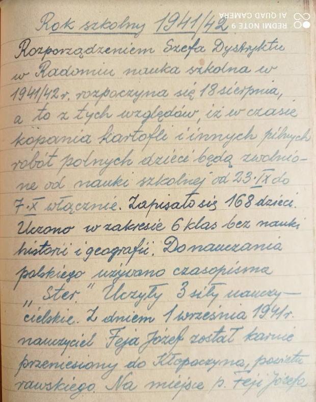 Wpis z Kroniki szkolnej 1941 rok. cz 1