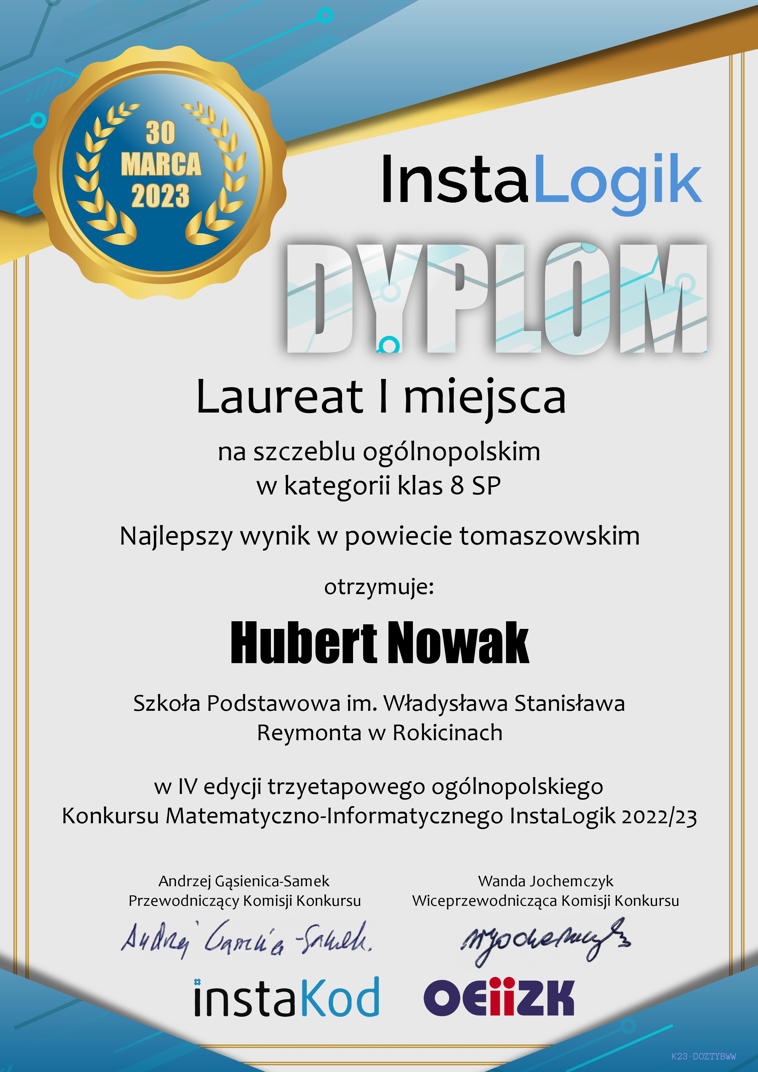 Dyplom dla Huberta Nowaka.