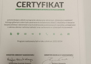 Certyfikat potwierdzający udział w programie